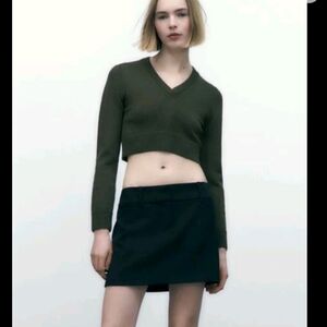 Zara Olive Green Long Sleeve Crop Top Cottagecore Knit Vneck Sweater Sz Small